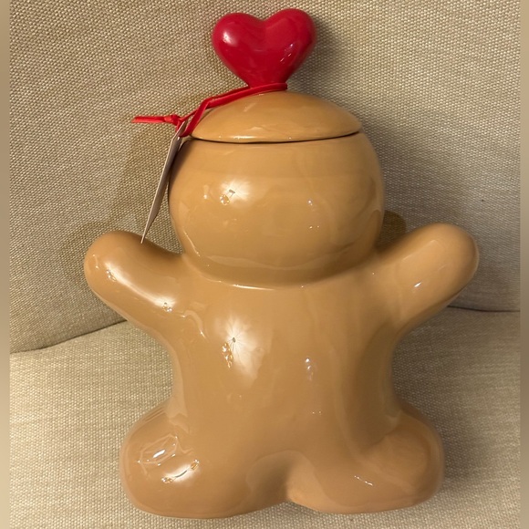 Gingerbread Cookie Jar Red Heart Bow Accents Peppermint & Pine Brand New - Picture 2 of 3